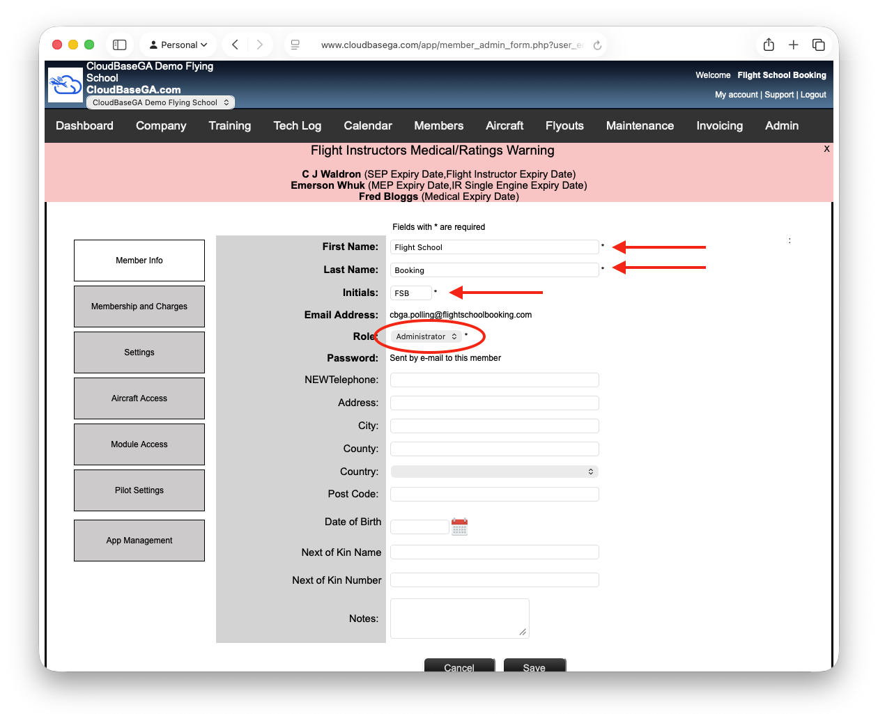 Complete the name fields and set the role to Administrator