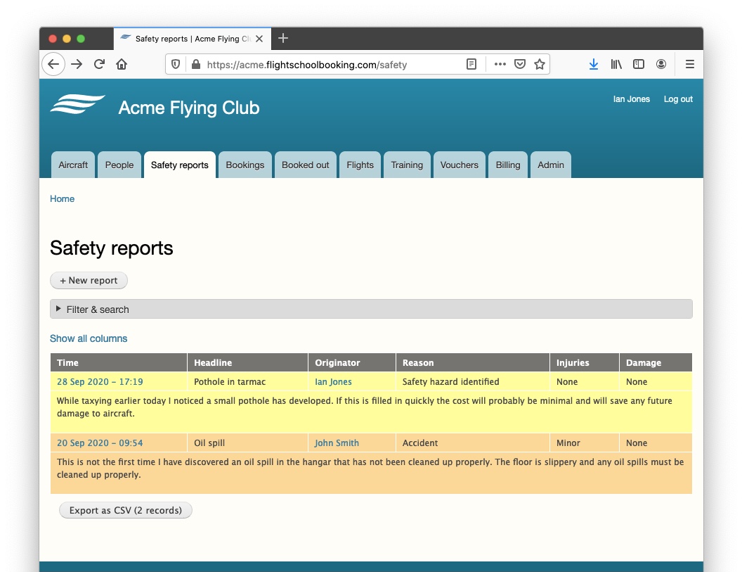 Example safety reports