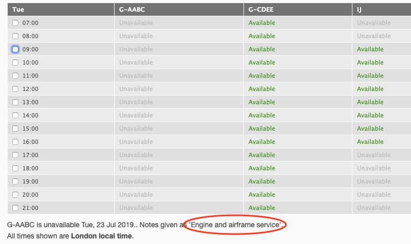 Notes shown on booking form