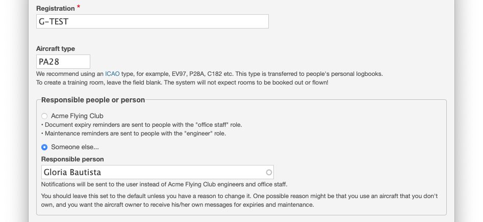 Aircraft settings collects the responsible person for an aircraft