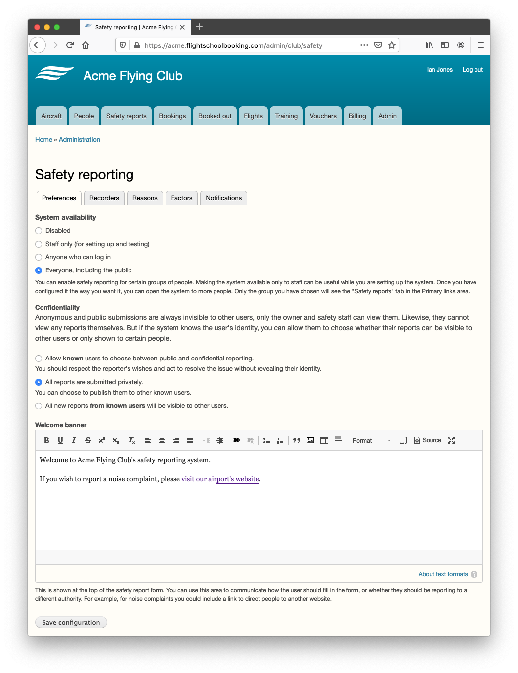 Admin > Safety reporting