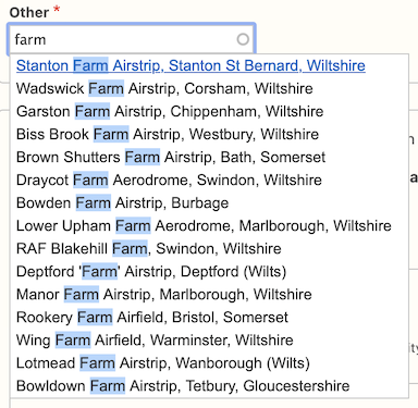 Airfields database lists the nearest matches