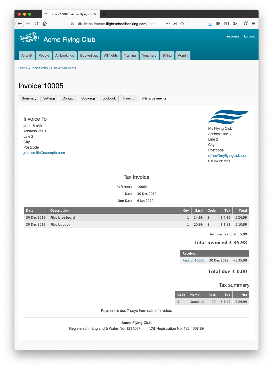 Invoice template Flight School Booking