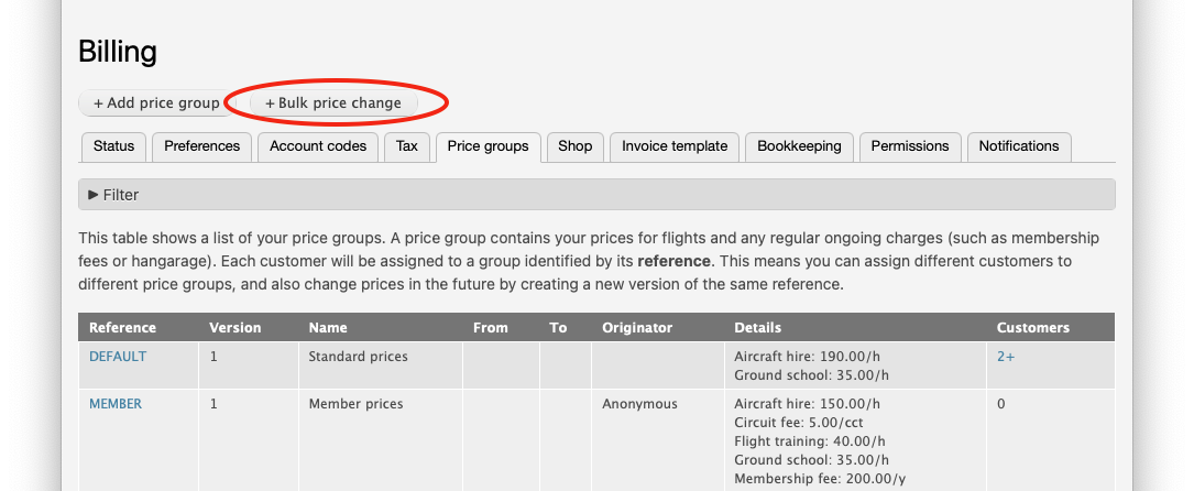 Bulk price change button