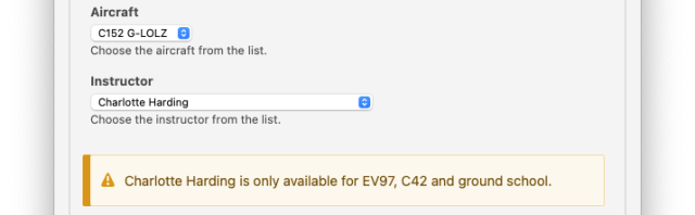 Message shows which aircraft (or types) an instructor can teach on