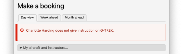 Error message when trying to book an invalid combination of aircraft and instructor.