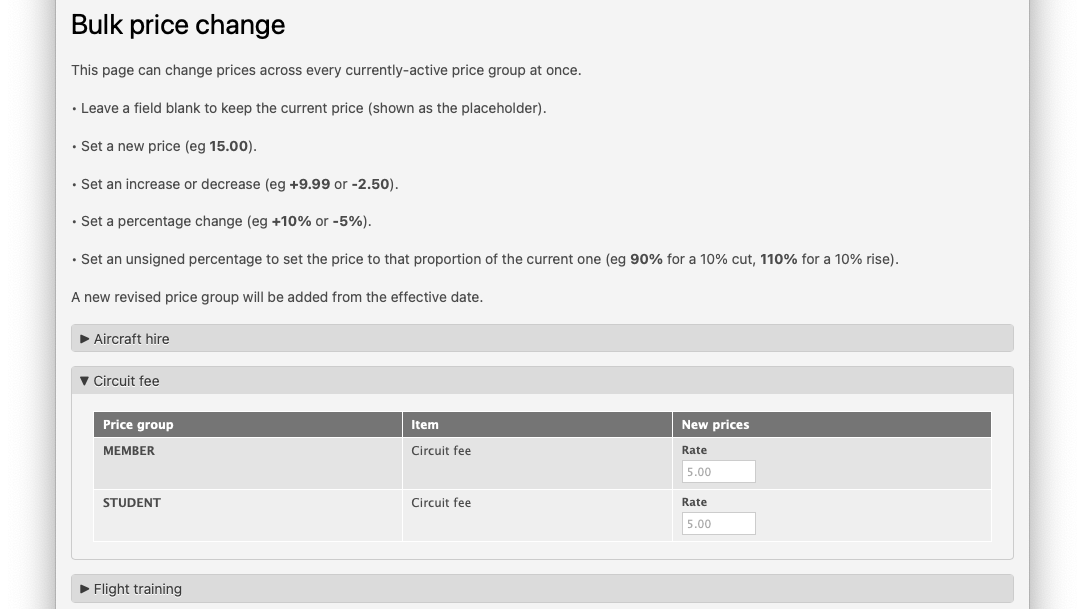 Bulk price change form collects all the changes you want to make to prices in one page