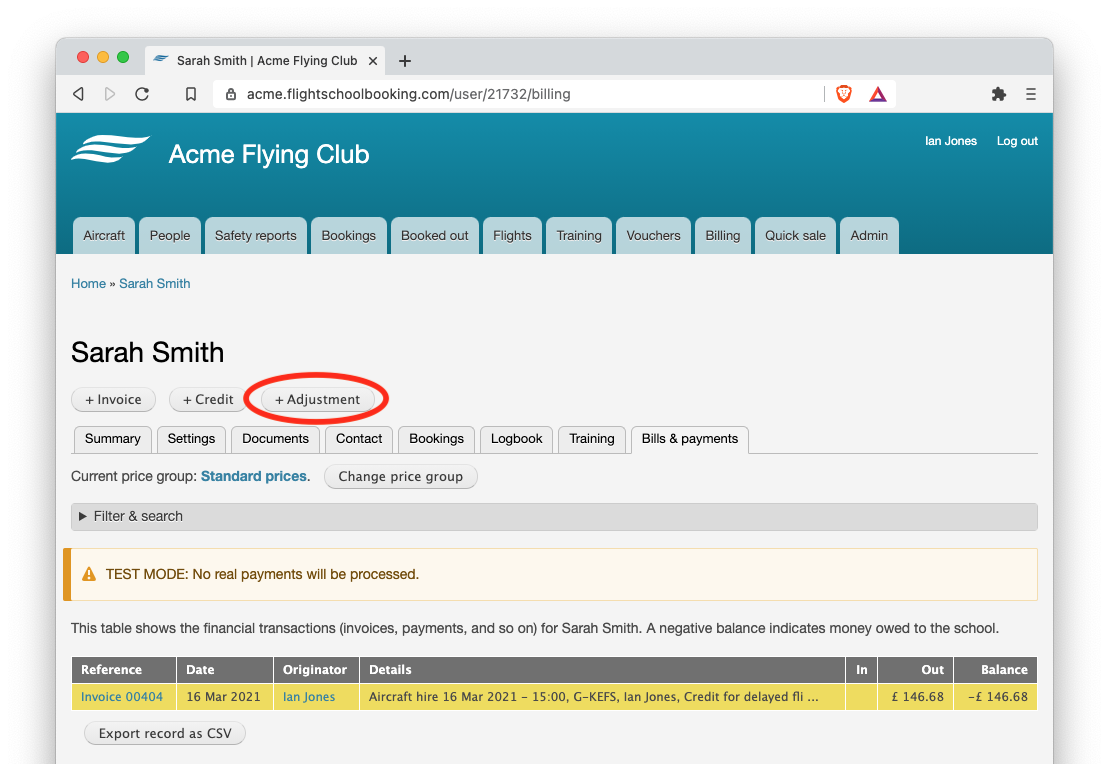 Outstanding balance shown in customer account