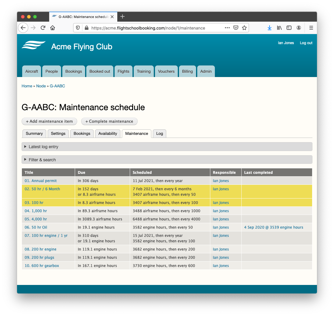 Example maintenance schedule for an aircraft