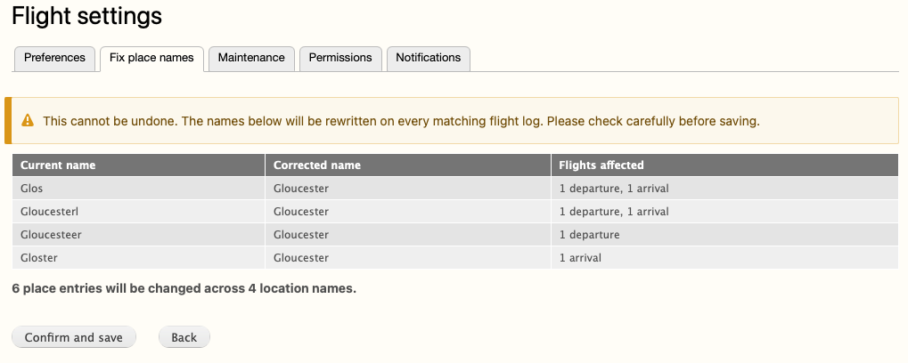 Admin > Flight log and aircraft