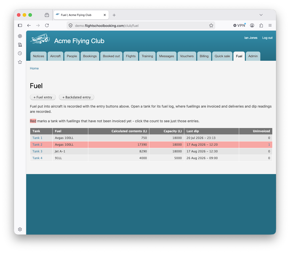 Fuel tab showing some un-invoiced fuel.