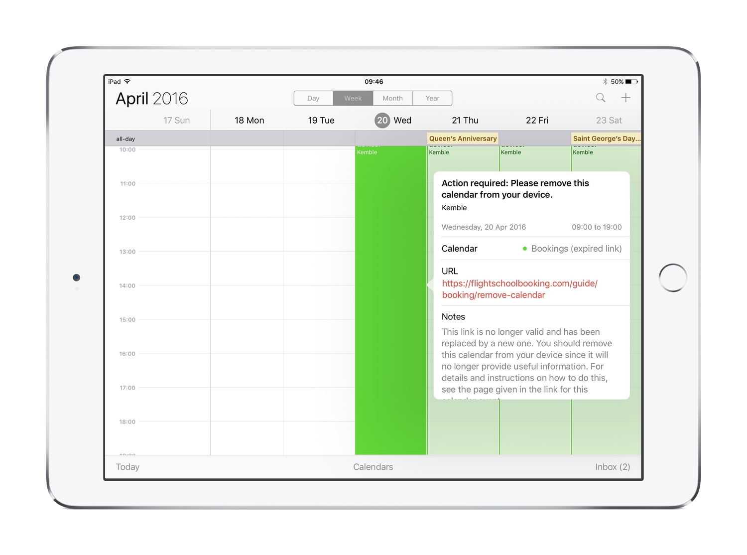 iPad showing events in an expired calendar