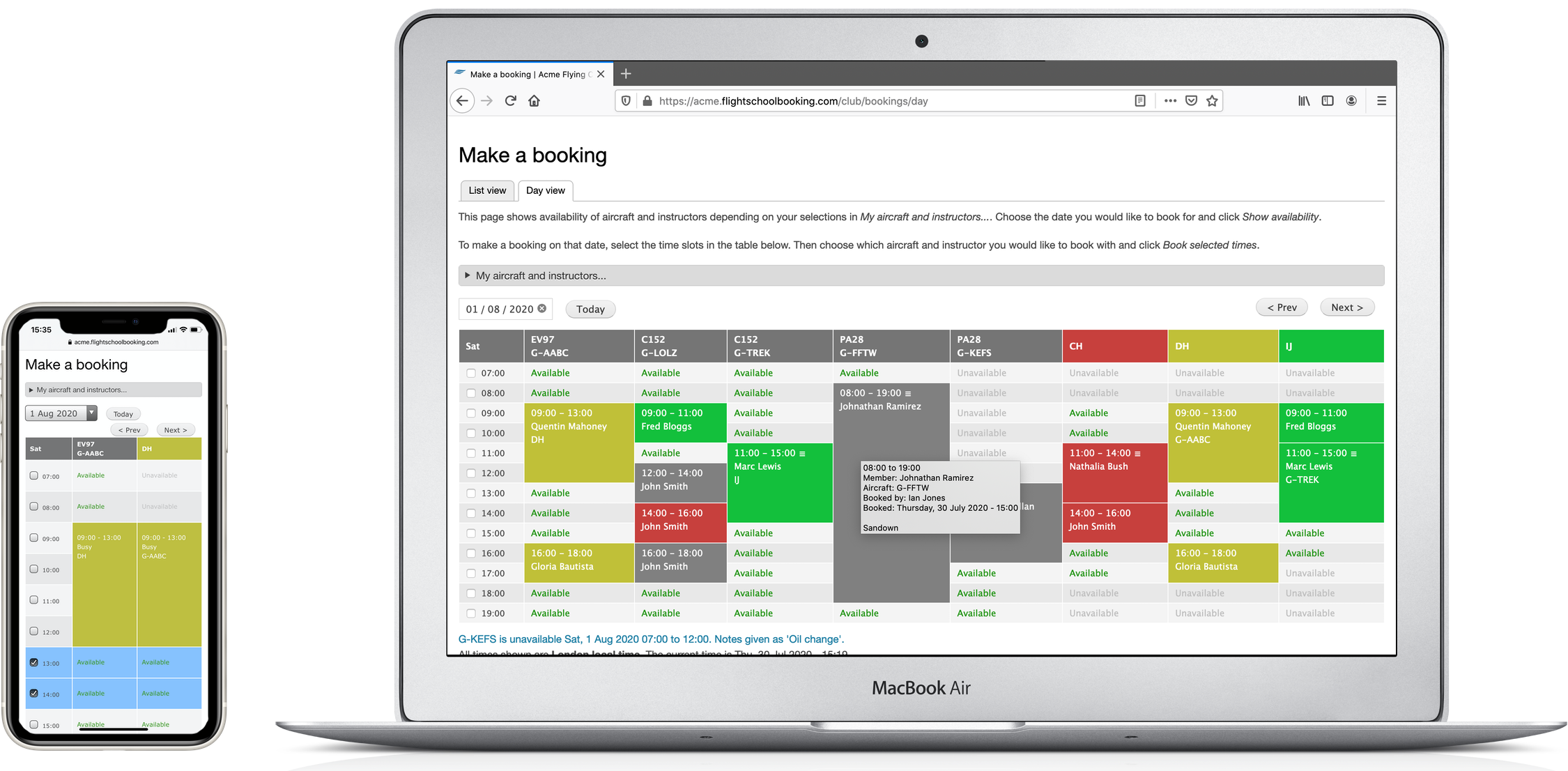 Macbook air and iPhone running the flight booking system