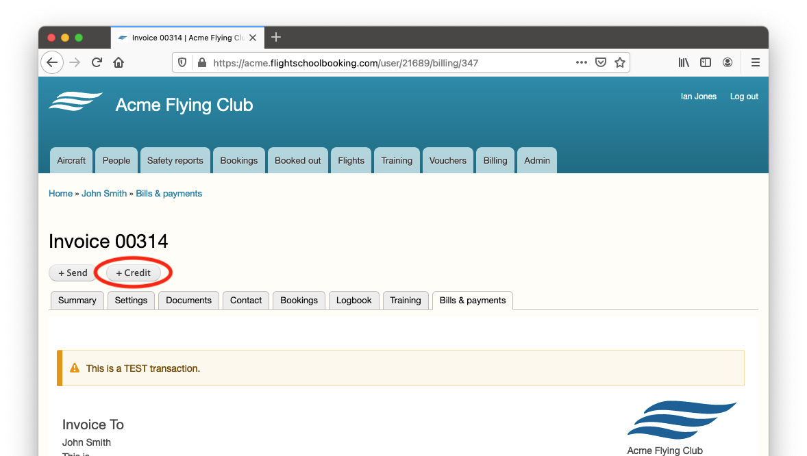 Each invoice can be credited back using the Credit button