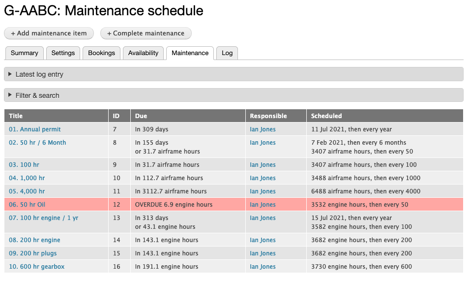 New maintenance schedule screen showing an overdue item