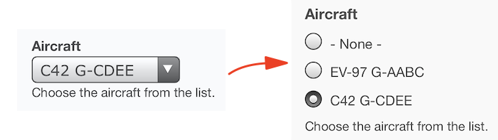 Select aircraft, now using radio buttons