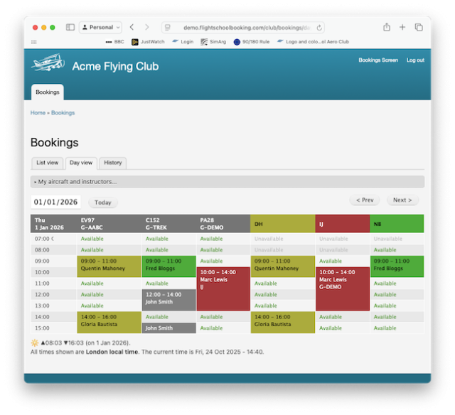 Screenshot showing the Bookings for the day