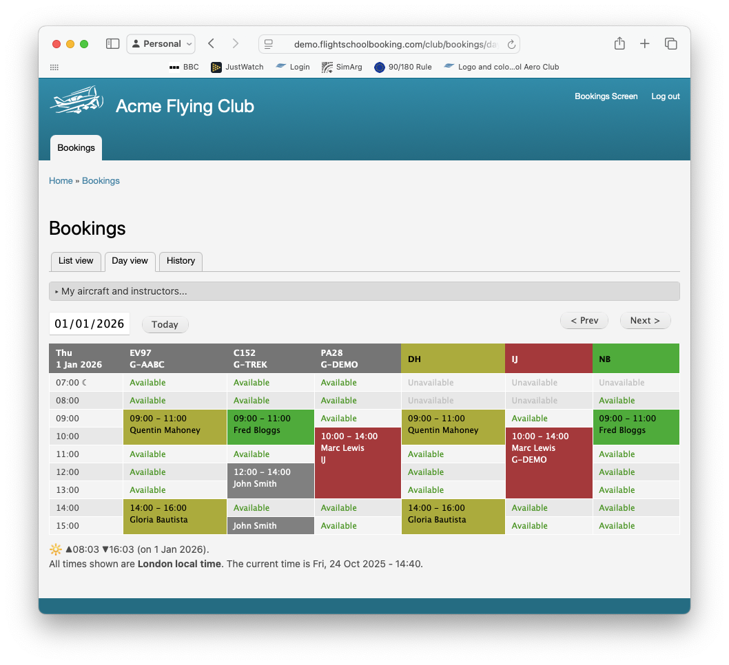 Current day's bookings are displayed on a monitor in the club room