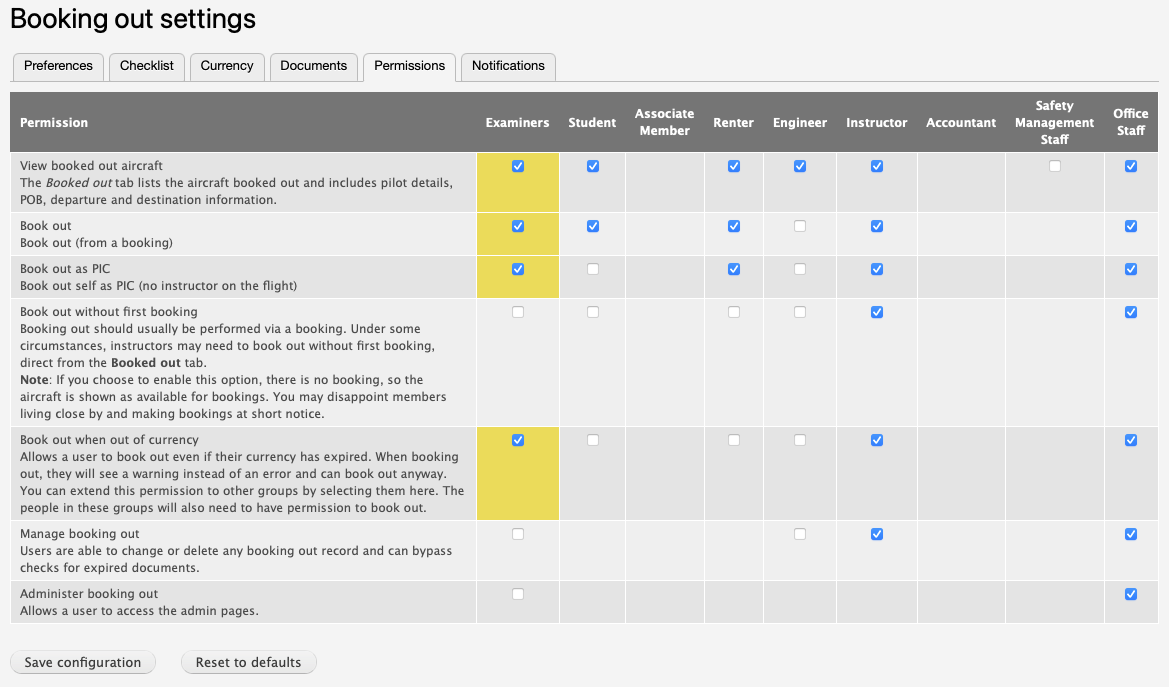 Permissions tab for Admin > Booking out settings