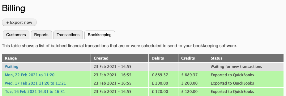 Billing > Bookkeeping shows the list of batches exported to QuickBooks Online