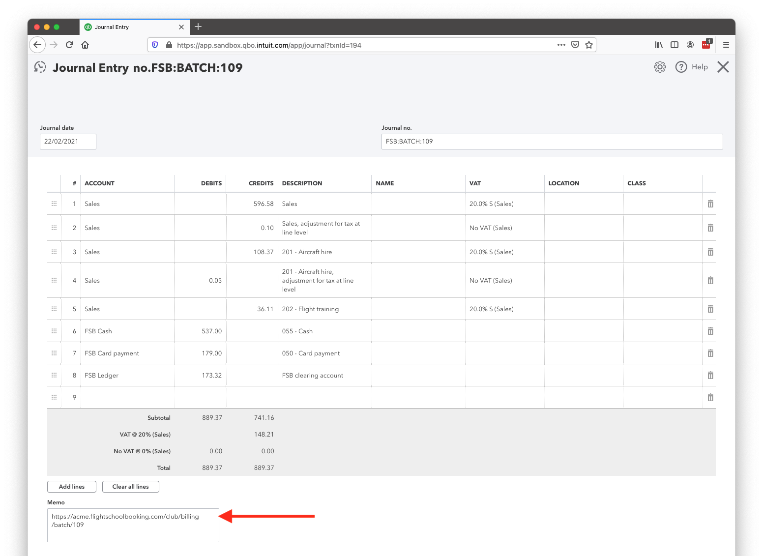Manual journal in QuickBooks Online includes a link in the Notes field to view the list of transactions