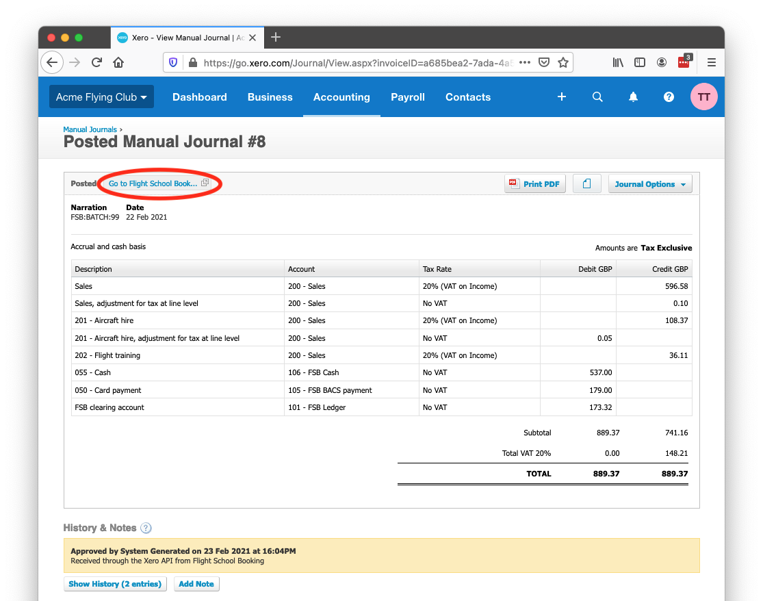 Manual journal in Xero includes a link back to view the list of transactions